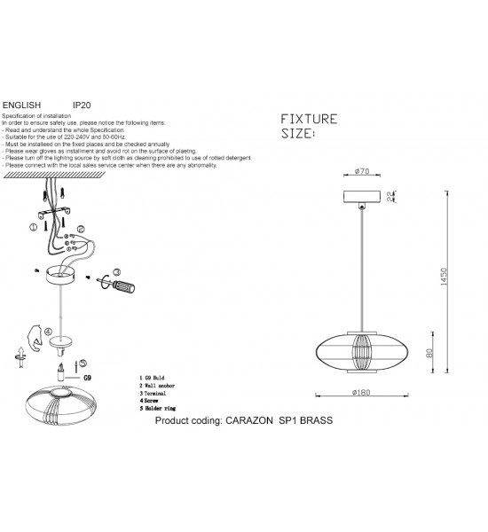 Светильник подвесной Crystal Lux CARAZON  SP1 BRASS