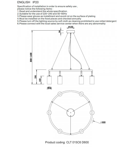 Светильник подвесной Crystal Lux CLT 015C6 D600 BL